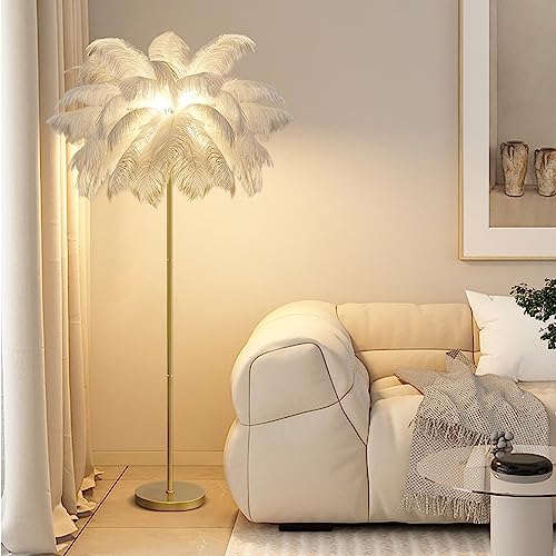 YQGOO Federlampe Stehlampe Wohnzimmer, Feder Stehlampe Gold mit 3-Farbig Dimmbarem,160cm Stehlampe Federn Moderne mit Fußschalter, Kreative Studie Schlafzimmer Feder Lampe Stehleuchte (White)