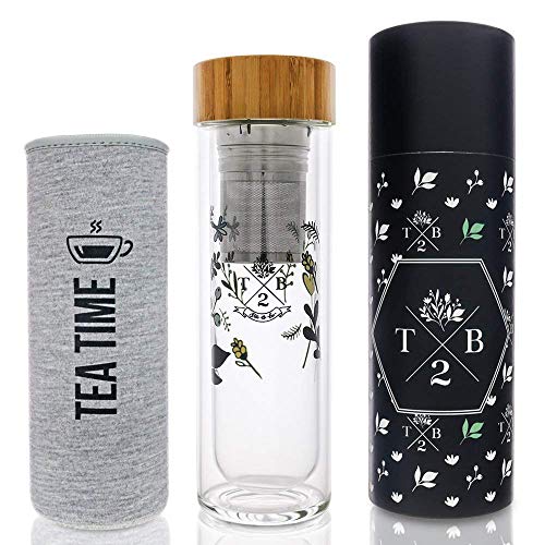 Teeflasche Glas doppelwandig isoliert als Teebereiter Trinkflasche mit Blumenmuster,2-in1 Teesieb und Neoprenhülle grau Tea Time, to-go für Tee, Fruit Infuser und Detox-Wasser, BPA frei, 400 ml