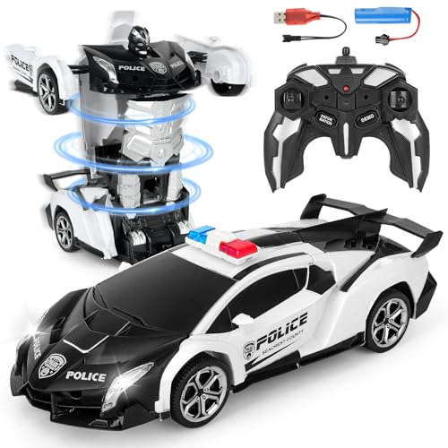 Mineup Ferngesteuertes Auto, 2 in 1 Transformers Spielzeug, 2.4GHz Transform Roboter Spielzeug, 360° Verformung Roboter, Rc Auto Roboter, RC Polizeiauto, Geburtstags Geschenke ab 3-12 Jahre Jungen