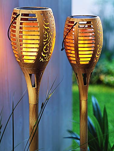 SONNENKERZE SOLAR-GARTENSTECKER FLAME, 2ER-SET BAMBUS-OPTIK XXL, 3 IN 1 FUNKTION: GARTENFACKEL, HÄNGELEUCHTE, TISCHLEUCHTE MIT LED FLAMMEN-EFFEKTBELEUCHTUNG