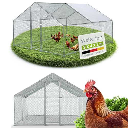 Juskys Freilaufgehege 3x4x2m - Hühnerstall aus Metall begehbar mit 12 m² Lauffläche, Tür & Riegel - Freigehege für Hühner, Kleintiere & Pflanzen