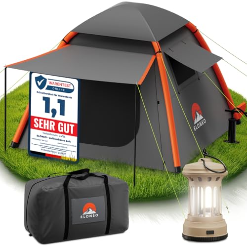 ELONEO aufblasbares Zelt für 2-4 Personen mit Vordach & Luftpumpe, Camping Zelt wasserdicht, Luftzelt Ultraleicht, Inflatable Tent, Glamping Zelt mit gratis LED Licht