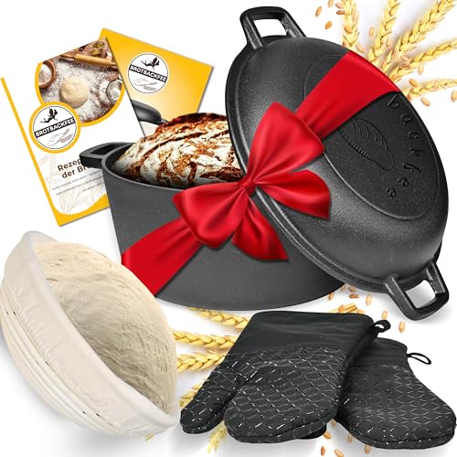 BROTBACKFEE® Gusseisen Topf mit Deckel Brot backen Brottopf zum backen [5 in 1 Gärkorb, Ofenhandschuhe, Rezepte, Anleitung] Brotbackform rund, Gusseisentopf, Brotbacktopf, Brotbackset, Brotform