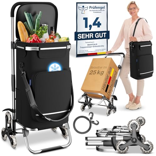 maxVitalis Einkaufstrolley Treppensteiger mit Kühlfach, Einkaufsroller klappbar, Shopping Trolley höhenverstellbar, Reflektoren, abnehmbare Tasche 43 L, Hackenporsche (Treppensteiger-Trolley, Schwarz)