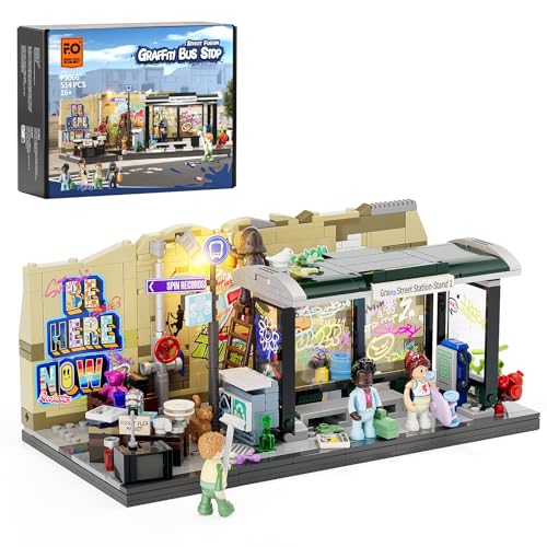 FUNWHOLE Graffiti-Bushaltestelle Klemmbausteine Beleuchtung Deko, Modular Building Streetstyle City Town Busbahnhof,516Pcs,Geeignet für Erwachsene und Streetstyle-Liebhaber,F9066,Graffiti Bus Stop