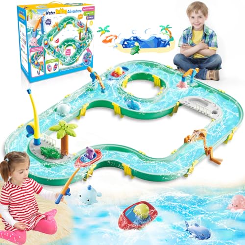 BuzzoXerex Wasserbahn, 2 in 1 Wassertisch Spielzeug, 71 PCS Strandspielzeug Wasserbahn Kinder Outdoor Set mit 2 Boote, 6 Tierfiguren, 2 Fischereimaschinen und 2 Angelruten für 3+ Jahr