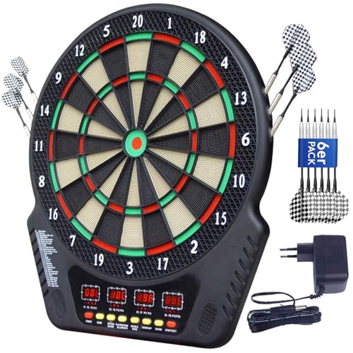 Elektronische Dartscheibe Set Elektrische Dartboard mit Sprachansagen, 4 LED-Anzeigen, 6 Dartpfeil, 27 Spiele 243 Spieloptionen Profi E-Dart Board für Hause Party Garten Bar 1-16 Spieler, Lichtschwarz