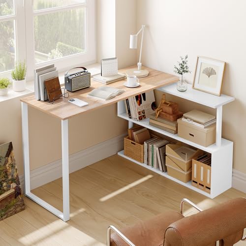 WOLTU Schreibtisch L Form mit stauraum, Eckschreibtisch klein mit 360 Grad drehbarem Regal, Computertisch für Arbeitszimmer, Bürotisch PC Laptop Tisch, 120x100x74cm, Helle Eiche