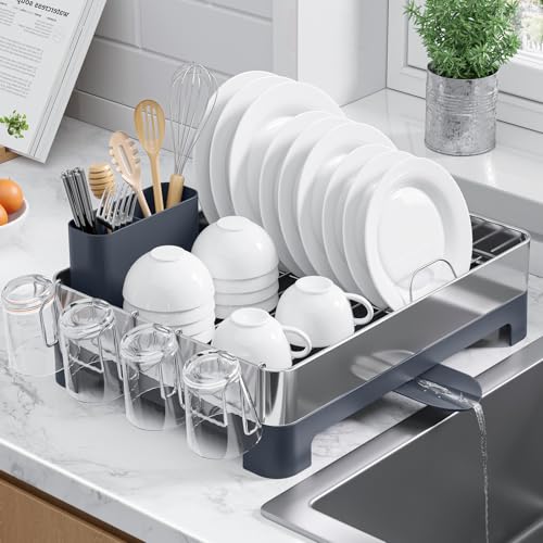 Kitsure Abtropfgestell, platzsparendes Abtropfgestell Geschirr für die Küchentheke, Geschirrabtropfgestell aus Edelstahl, Geschirr Abtropfständer, 44,7 x 32,0 x 11,4 cm, grau