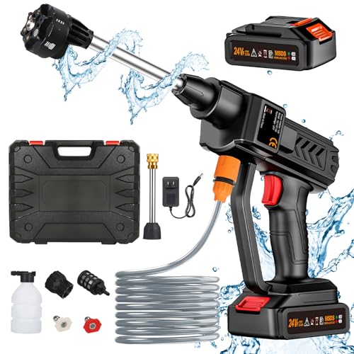 Kabelloser Hochdruckreiniger, 24V Tragbarer Akku Hochdruckreiniger, 6 in 1 Multidüse mit 2 Wiederaufladbaren Batterien für Autos, Fenster, Rasen, Gärten, Pools