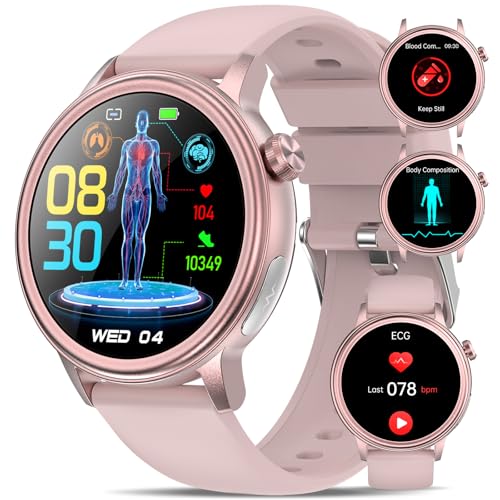 YYKY EKG Uhr Smartwatch Damen Herren mit HRV/Hαrπsäυre/BMI,1,39' rund Smartuhr Fitnessuhr mit Telefonfunktion SOS-Taste/Blutdruck/Körpertemperatur/Müdigkeit/Emotionserkennung/Schlaf (Rosa)