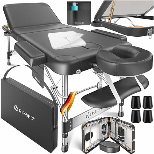 KESSER® Mobile Massageliege klappbar & höhenverstellbar 3 Zonen Massagebett Massagetisch Kosmetikliege Breit Therapieliege Aluminium + 10x Gesichtsauflage mit Kopfstütze Armlehnen & Tasche Schwarz