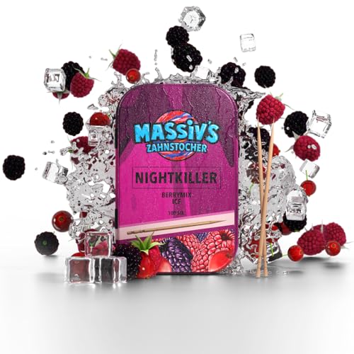Massiv's Zahnstocher - Zahnstocher mit Geschmack – NIGHTKILLER Berrymix Ice – 100 aromatisierte Zahnstocher – frischer Atem – stylische Metalldose – vegan, zuckerfrei, kalorienfrei