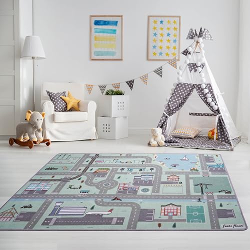 Feeti Floor Neu Pastell Spielteppich Straße | 1,4 x 2,0 m | Ökotex 100, geruchsneutral, Antirutsch | hochwertiger Teppich Kinderzimmer/Kinderteppich/Autoteppich