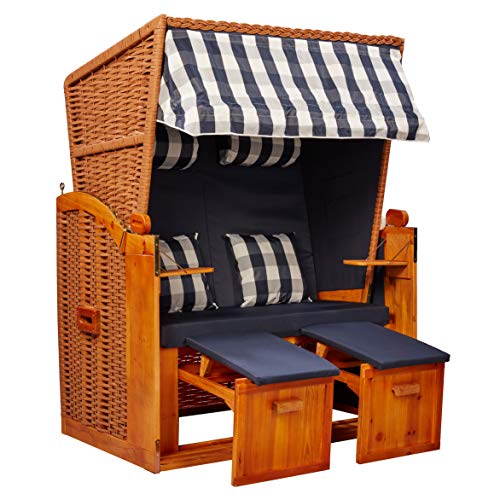 intergrill Strandschönheiten Brigitte Ostsee Strandkorb | 2-Sitzer Vollholzfront inkl. Schutzhülle | Blau Weiß kariert | Balkon Terrasse Garten