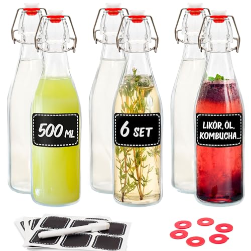 6er Set Glasflaschen 500ml mit Bügelverschluss - Bügelflaschen Zum Befüllen - inkl 6 Extra Dichtungen & 12 Etiketten mit Stift - Glasflaschen für Öl, Essig, Saft & Limonade