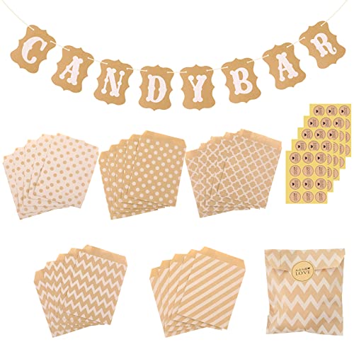 Ailvor Candy Bar-Dekorationszubehör, Candy Bar-Girlande, Banner mit 50 Kraftpapiertüten und 5 Aufklebern, Candy Bar-Dekoration für Geburtstag, Hochzeit, Party, Event-Zubehör