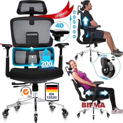 MELOKEA Bürostuhl 200KG Upgrade, Leises Gummirollen, 4D-Armlehnen, 6P Verstellbare Rückenlehne, Sitztiefe Verstellbar, Elastisches Kissen, Bürostuhl Ergonomisch Testsieger, Bürosessel Große Menschen