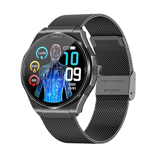 Knauermann PRO 3 (2024) Schwarz - Gesundheitsuhr Smartwatch mit Telefoniefunktion - EKG + HRV und SOS Funktion - AMOLED Display- BT Bluetooth - Schlafapnoe - Milanaiseband Schwarz, 14-24,rund