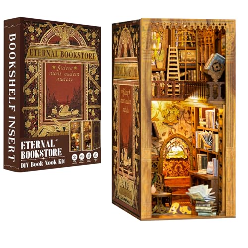 CUTEBEE Book Nook DIY Kit – DIY Puppenhäuser Miniatur Haus Kit mit Möbeln und LED-Licht, 3D Puzzle Buchstützen aus Holz, Modellbausätze für Erwachsene zum Bauen (Eternal Bookstore)