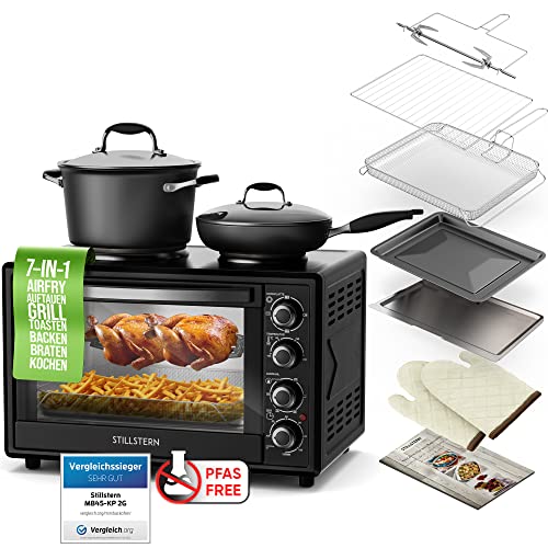 Stillstern Minibackofen mit Kochplatten (45L, Pizza Ø32cm, 7in1: Heißluftfritteuse, Auftauen, Grill, Toaster, Backen, Braten, Kochen) Frittierkorb, Umluft, Drehspieß, Rezeptheft, Ideal für Camping