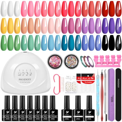 Nagelset Gelnägel Starterset, Phoenixy 18 Farben Gelnägel Starterset mit 48W U V/LED Lampe, Gel Nägel Set mit Tools für Frauen DIY Maniküre zu Hause
