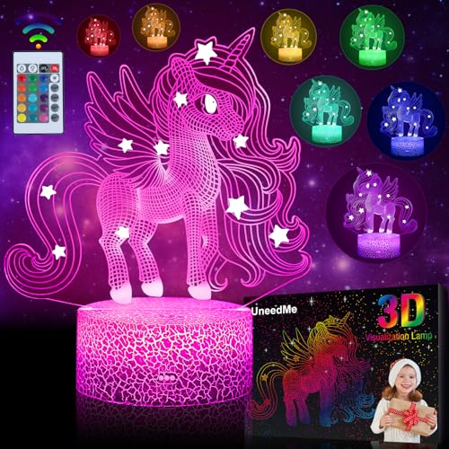 UneedMe Einhorn Nachtlicht für Kinder, 3D Lichtlampe Einhorn Spielzeug Nachtlampe 16 Farben mit Touch Schalter, Fernbedienung für Geschenke Geburtstag Schlafzimmer Dekor Lampe [Energieklasse A]