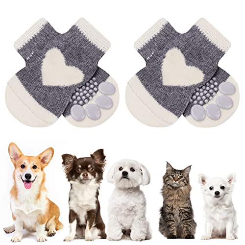 AUAUY Indoor Anti-Rutsch Socken für Hunde und Katzen, Pet Socken, Hundesocken Anti Rutsch Pfotenschutz und Traktion Dank Silikon-Gel 2 Größen für Kleine-Mittlere Tiere(Grau und Weiß L)
