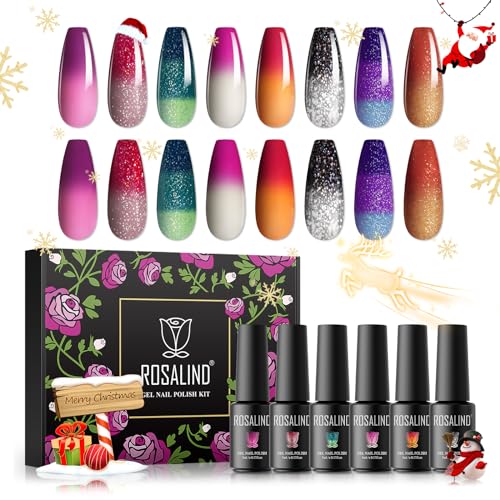 ROSALIND Thermo Farben UV Gel Nagellack Set, 8 Farben Rosa Braun Glitter Blau, 5ml Gel Nagellack Soak Off UV LED Gelnägel Set für Nail Art Maniküre-Set DIY Gel Nail Polish
