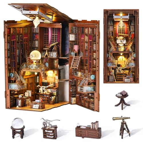 MiniCity Book Nook Kit, DIY Miniatur Puppenhaus Booknook Kit, 3D Holz Puzzle Buchstütze Bücherregal einfügen Dekor mit LED-Licht für Jugendliche und Erwachsene (Beyond Library)