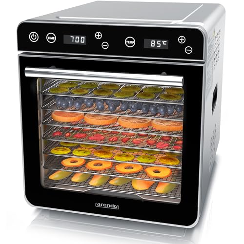 Arendo - Dörrautomat Edelstahl mit 8 Edelstahlgitter - 700 W - 35°-85°C - 8 Edelstahl Einlegetabletts mit insgesamt 6700 cm² - Dörrgerät Dehydrator Obsttrockner Dörrapparat - Obst Fleisch Pilze uvm