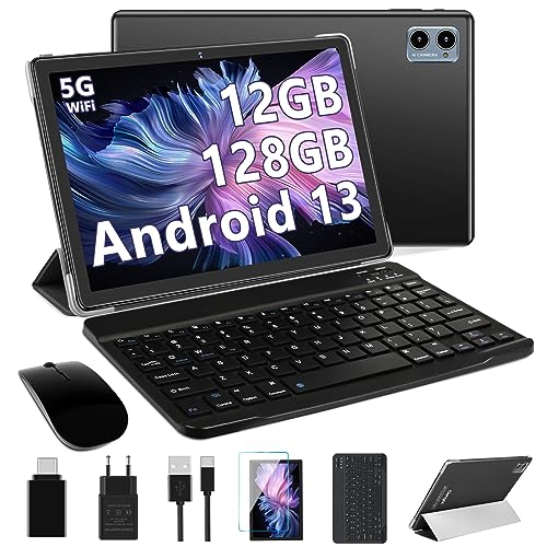 Oangcc 2023 Tablet 10 Zoll Android 13 OS Tablet PC, 12GB RAM +128GB ROM(TF 1TB), 5G+2.4G WLAN | 2.0 Ghz 8 Core | 5+8MP | BT 5.0 | AGPS | 6000mAh | Widgets | GMS Certified Tablets mit Tastatur- Schwarz