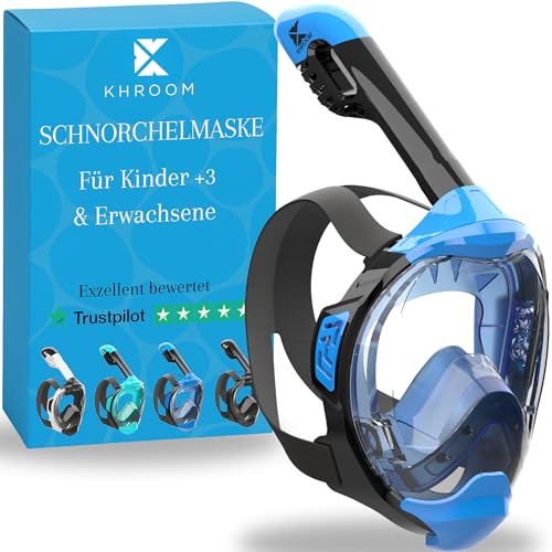 Khroom Schnorchelmaske Erwachsene & Kinder ab 3 Jahre | CO2 sicher | Vollgesichtsmaske mit Easy-Breath System | Schnorchelset Alternative | Seaview Y Tauchmaske Erwachsene / Kinder (S/M Blau)