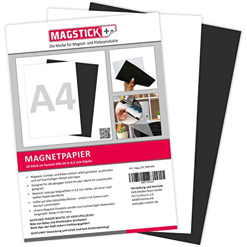 10er Set Magnetpapier I weiß I DIN A4 I DIY I magnetische Rückseite I mit gängigem Inkjet Drucker bedruckbar I zum Beschriften, bedrucken oder als magnetisches Foto-Papier I mag_220