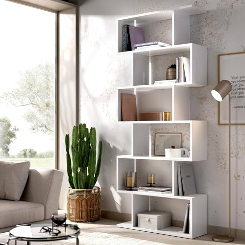 Dmora - Buchhandlung Joliet, Hohes doppelseitiges Bücherregal, Trennregal mit 5 Fachböden, Modernes Büroregal, cm 80x25h192, Glänzend Weiß