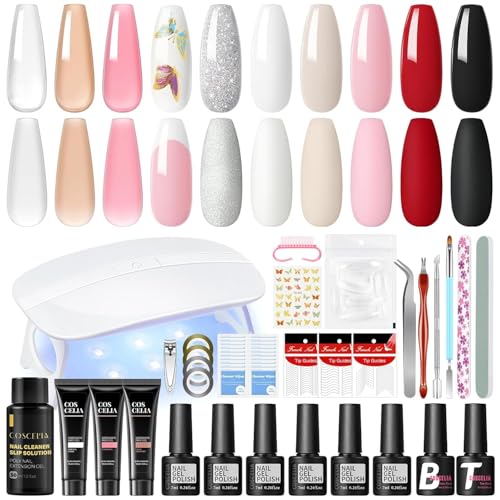 COSCELIA UV Nagellack Set mit UV Lampe - 6 Farben UV Nagellack Set und 3 Farben Poly Nägel Gel Base Coat Top Coat Nagelset Gelnägel Starterset Komplett Nagelstudio Nägel Selber Machen