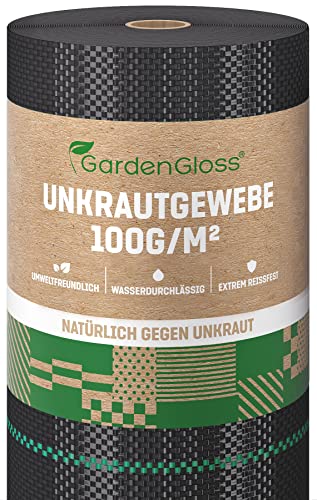 GardenGloss 50m² Anti-Unkrautgewebe 100g/m² – Wasserdurchlässig und Reissfest – Unkrautvlies Gartenvlies mit hoher UV-Stabilisierung – Bändchengewebe Unkrautfolie (50m x 1m, Rolle)