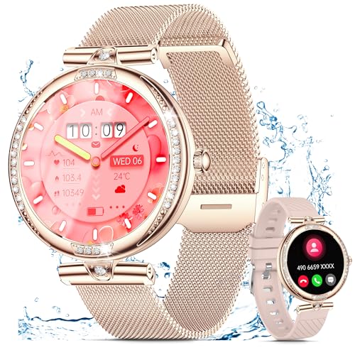 Smartwatch Damen mit Telefonfunktion 1.19' AMOLED Touchscreen IP68 Sportuhr mit Blutdruckmessung Pulsmesser Schlafmonitor SpO2 Menstruationszyklus Diamond Smart Watch für iOS Android (Rosegold)