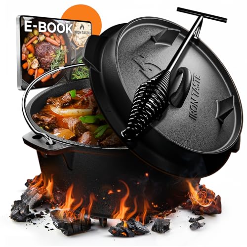 IRON TASTE Dutch Oven Set 9L - Eingebrannter Dutch Oven 9 Liter - Feuertopf Gusseiserner Topf mit Füßen & mit praktischem Deckelheber [für 4-7 Personen]