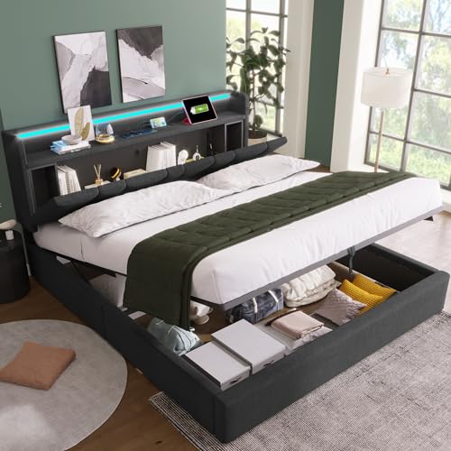 FEZTOY Doppelbett 160x200 cm, Polsterbett Stauraum-Kopfteil Bett mit Aufladen USB, Stauraumbetten Funktionsbett mit Großer Schubladen, Verstellbares Kopfteil, Ohne Matratze