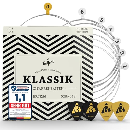 BELFORT® Gitarrensaiten Konzertgitarre, Saiten für klassische Gitarre aus Nylon und Silber, Akustikgitarre (6-Saiten Set) - Inkl. 4 Plektren + extra hoher E-Saite für Konzert Gitarren (Guitar Strings)