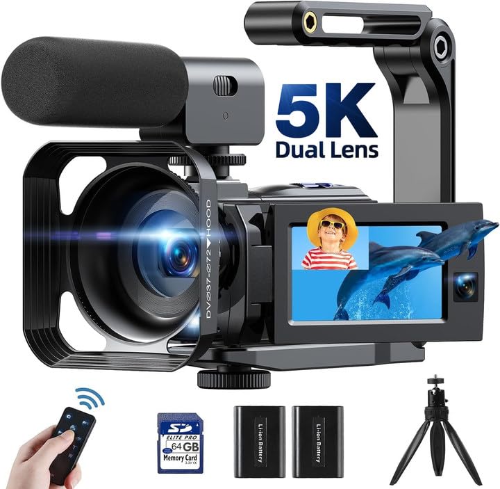 Videokamera-Camcorder 5K 56MP Doppelobjektiv WiFi 16X Digitalzoom 3,0-Zoll-Touchscreen Vlog-Kamera für YouTube IR-Nachtsicht-Videorecorder mit 2 Akkus,64G-Karte,Mikrofon,Gegenlichtblende,Fernbedienung