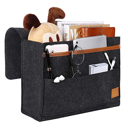 MaoXinTek Betttasche, Filz Bett Caddy Organizer zum Einhängen Nachttisch Tasche Sofa-Bett Dicke Filz Anti-Rutsch für Buch, Zeitschriften, iPad, Handy, Fernbedienung, Dunkelgrau