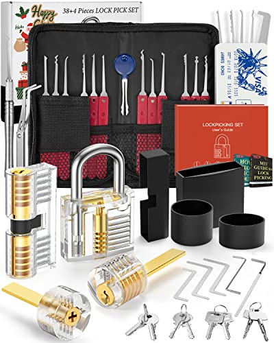 FAHEFANA 38+4-teiliges Lockpicking Set, [2023 Upgrade Version] Dietrich, mit 4 Transparente und 4 Schwarze Verschlusshülsen, Bieten Sie Entsperrungshandbuch für Professionelle Schlosser