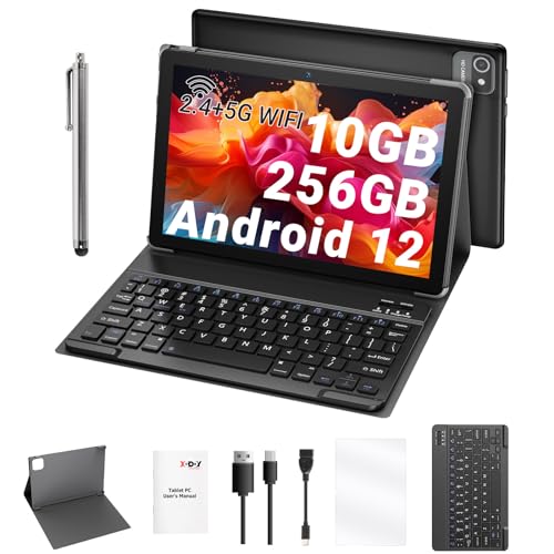 XGODY Tablet 10 Zoll Android 12 Tablet mit Tastatur 2.4G/5G WLAN 4-Core 2,0 GHz | 10 GB RAM + 256 GB ROM (TF 1 TB) | FHD | 5+8 MP Kamera | 7000 mAh | Bluetooth 5.0, Tablet PC – Schwarz
