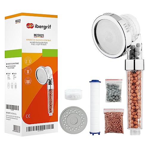 Ibergrif Duschkopf mit Filter–Wassersparende Hochdruck-Handbrause mit 3 Strahlarten, 3-Schichten-Filtration gegen Chlor, Bakterien & Kalk, Antikalk-Funktion, Chrom – Für Hartes Wasser, M22025