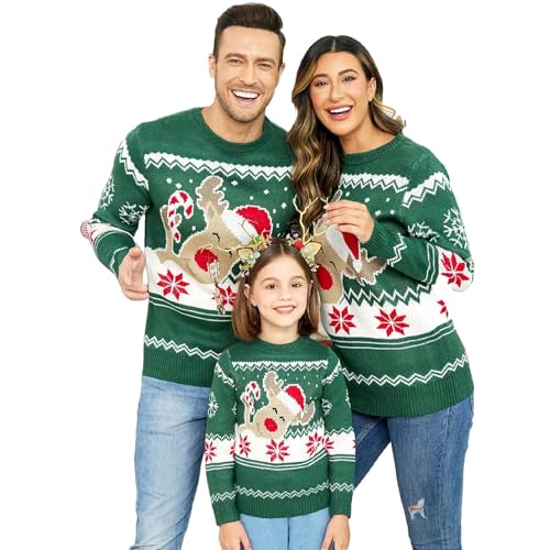 Weihnachtspullover für die Familie, niedlich, langärmelig, Rundhalsausschnitt, Rentier, Strickwaren, Pullover, Oberteil, Herbst- und Winterkleidung, Grünes Weihnachts-Rentier, XL