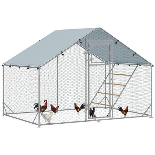 PawHut Hühnerstall Freilaufgehege aus Stahl, 3 x 2 x 1,95 m Hühnerkäfig mit UV-beständiger Abdeckung, Futtertür, Hängefütterung, Sitzstange, Hühnergehege für 6-8 Hühner, Kleintiere, Silber