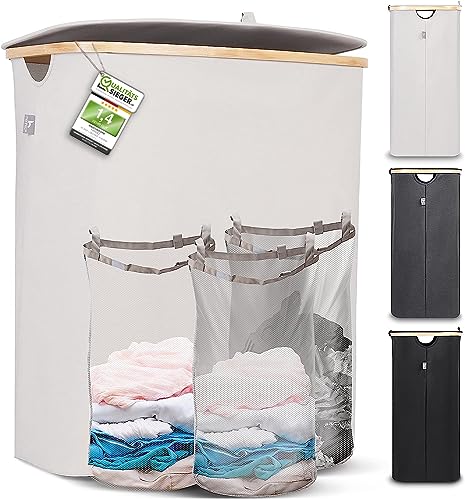 Hennez Wäschebox 150L - Wäschekorb 3 Fächer - Deckel - Wäschesortierer mit Wäschesack - Laundry Baskets - beige Bambus - Wäschetonne - Wäsche Sortiersystem - Wäschesammler