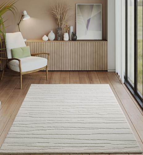 the carpet Everest - moderner Kurzflor Teppich Wohnzimmer Schlafzimmer mit Hoch-Tief-Effekt, 3D Effekt, hohe Flordichte und angenehm weich, Abstraktes Design, Creme, 140 x 200 cm